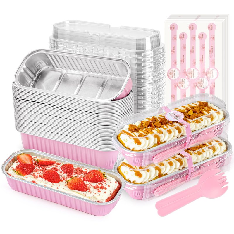 NPLUX 100 Pack Mini Cake Pans with Lids and Spoons Rectangular Aluminum Foil Baking Pans Mini Cheesecake Containers Mothers Day Party Favors(6.8oz)