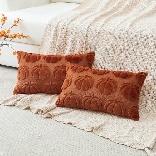 OTOSTAR Fall Pillow Covers Set of 2 Autumn Pumpkin Throw Pillow Covers for Sofa Couch Bed Living Room Soft Plush Short Wool Velvet Farmhouse Throw Pillow Covers for Halloween Rust 16x24 Inch