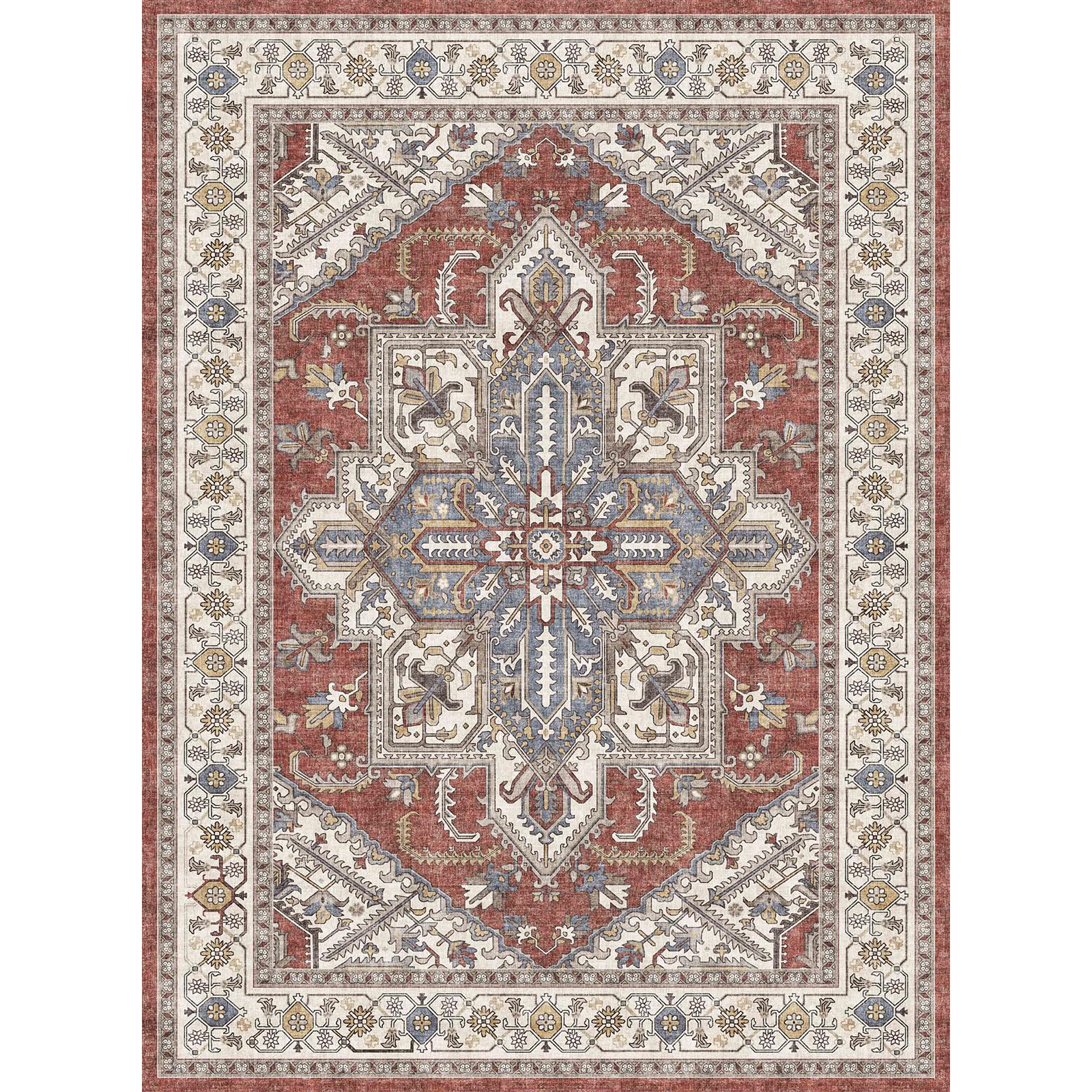 WITSHOCK Living Room Area Rugs 9x12: Washable Rug Boho Soft Non-Slip Low Pile Stain Resistant Foldable Carpet for Bedroom Playroom Dining Room Office Kitchen Farmhouse Home Decor Rug-Rust/Lvory
