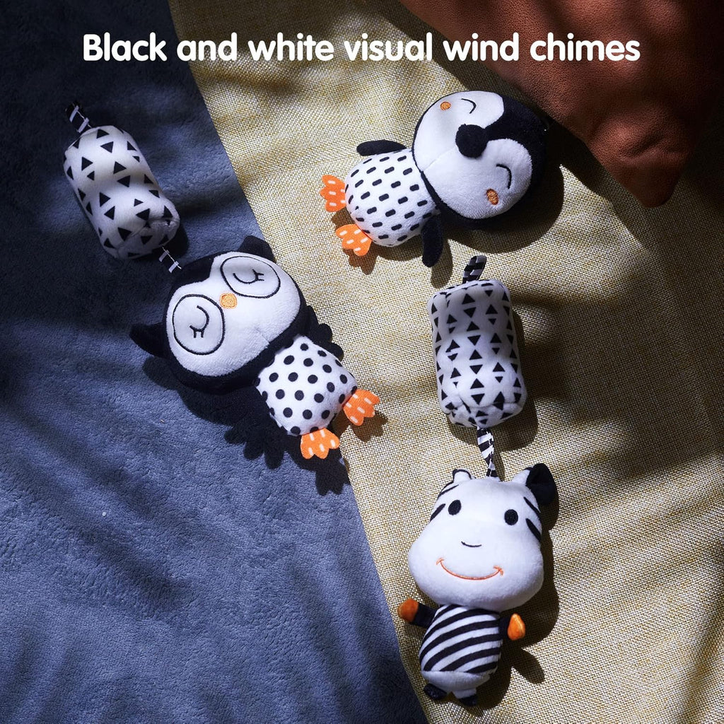 TUMAMA Plush Baby Toys - Black and White Hanging Rattles for Newborns | 4-Pack for Boys & Girls