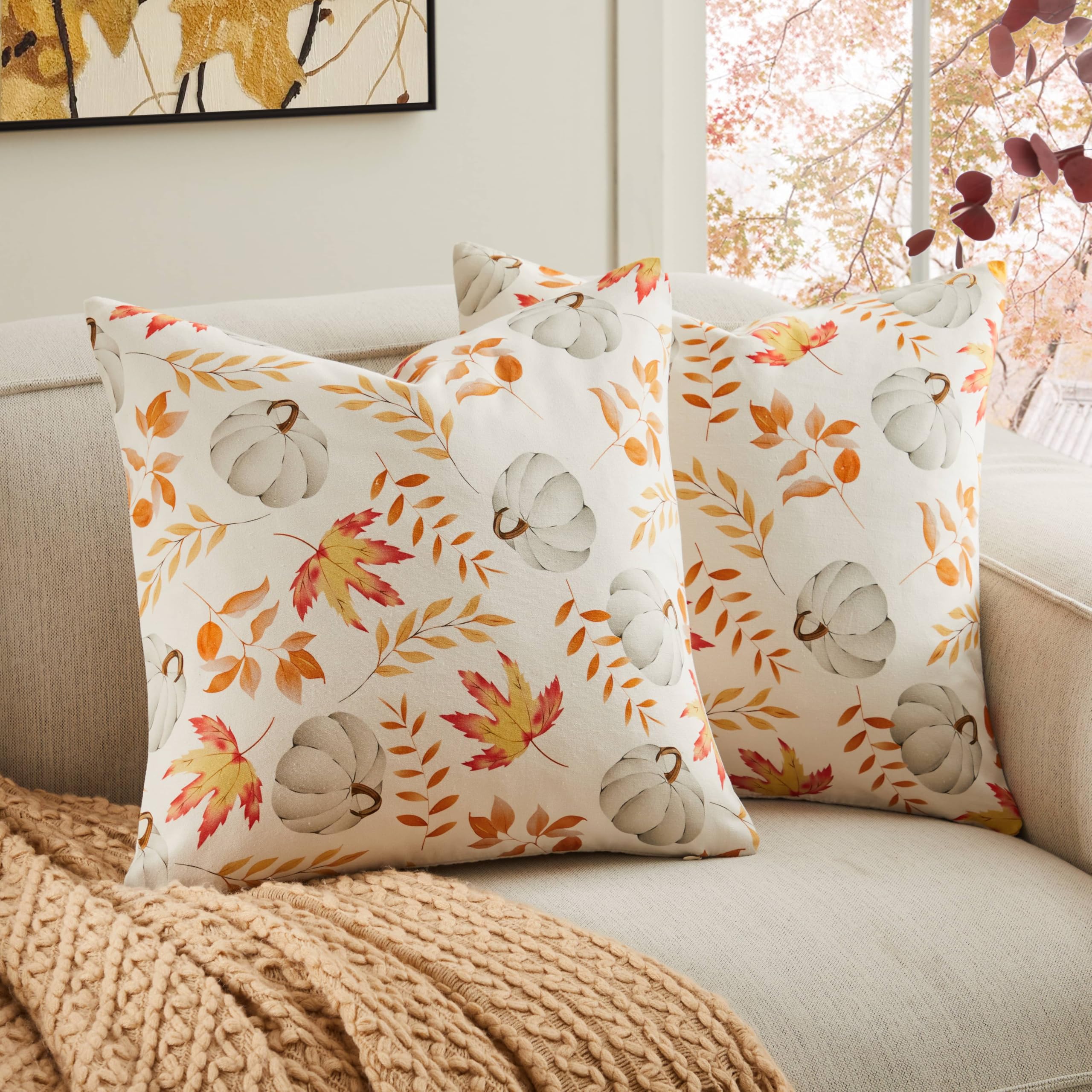 YZJZEDS 100% Cotton Fall Pillow Covers Set of 2, 22x22 Inch Pumpkin & Maple Leaf Print Farmhouse Thanksgiving Throw Pillow Covers Cushion Case Fall Home Decor for Sofa Bed Living Room