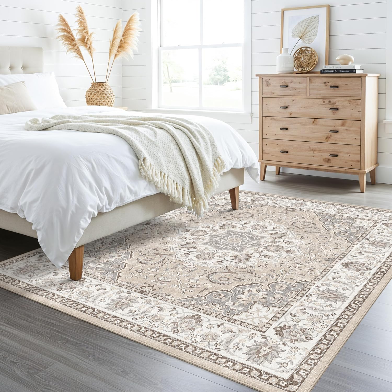 Skiennix 8ft Square Area Rug - Machine Washable Vintage Soft Carpet | Stain Resistant, Non-Slip, Beige