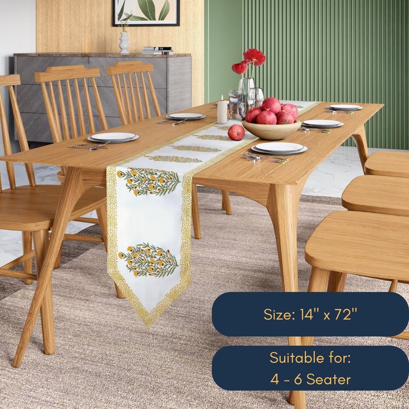 Handcrafted Hand Block Print Table Runner 72 Inch 4-6 Seater - Fall & Holiday Dinner Collection - 100% Canvas Cotton Floral - Dining Coffee Center Kitchen Table - Washable Gift-Boxed - Yellow & White