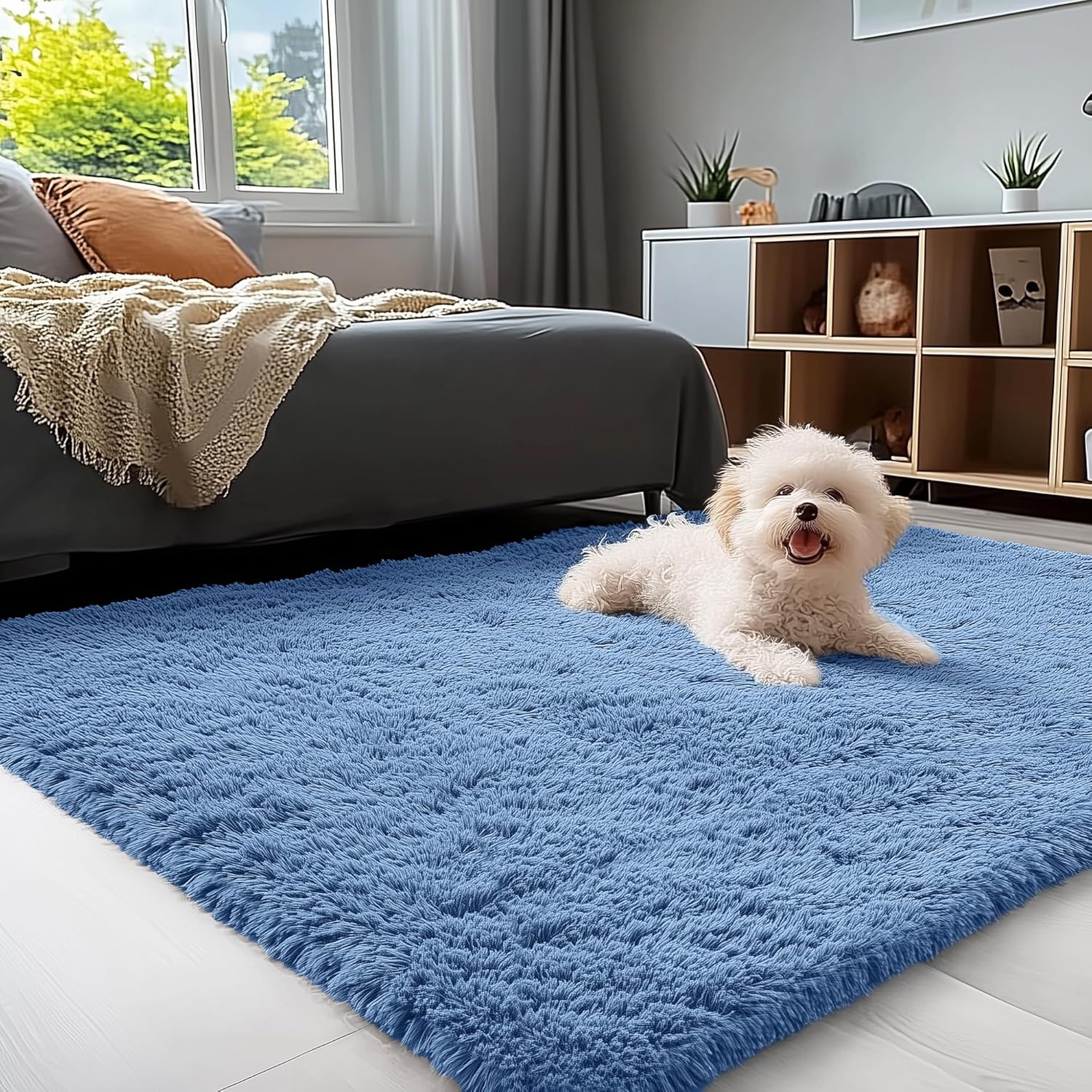 OLANLY 3x5 Soft Fluffy Shaggy Bedside Rug - Machine Washable Indoor Carpet for Kids & Nursery | Blue