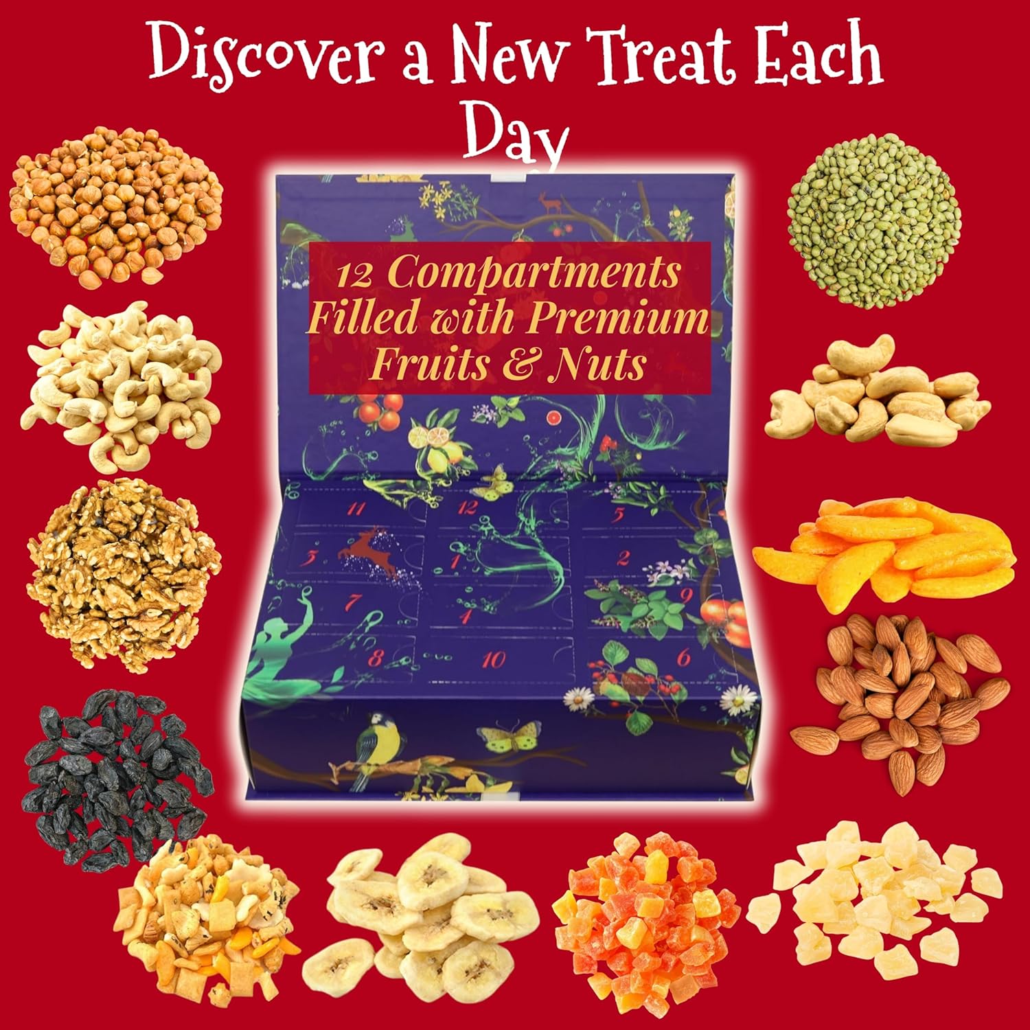 Skiennix 12-Day Advent Calendar - Gourmet Dried Fruit & Nut Snack Gift Box for Holiday Countdown