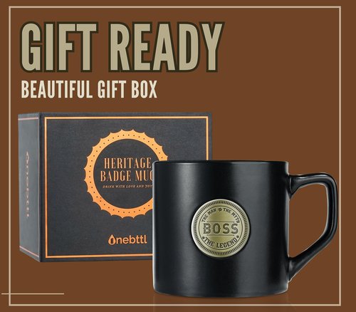 Onebttl Boss Gifts Ceramic Coffee Mug with Golden Badge, 15oz/450ml - Boss Day, Christmas, Retirement - Man Myth Legend