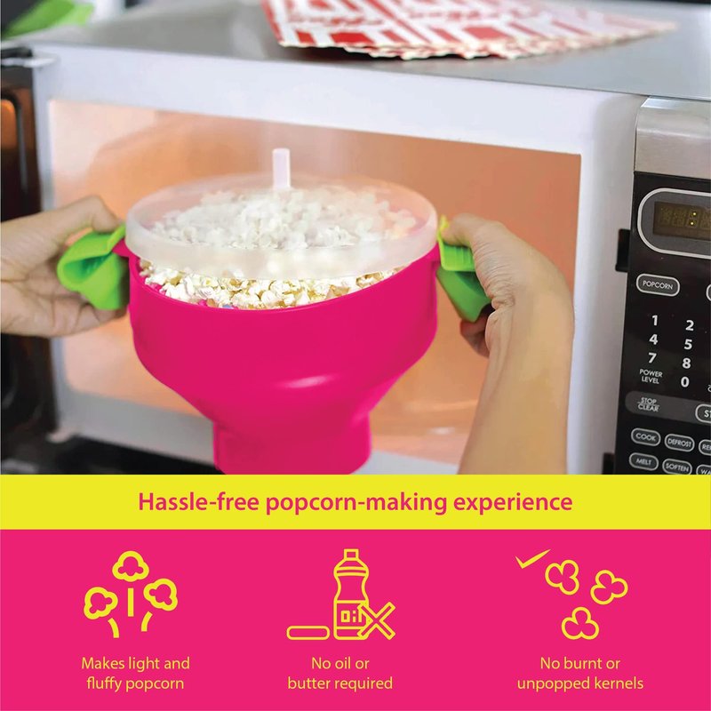 Gadgetime USA Microwave Popcorn Popper with Lids - Silicone - No Oil or Butter Required - Collapsible Bowls - BPA-Free - Movie Night Supplies - Pink