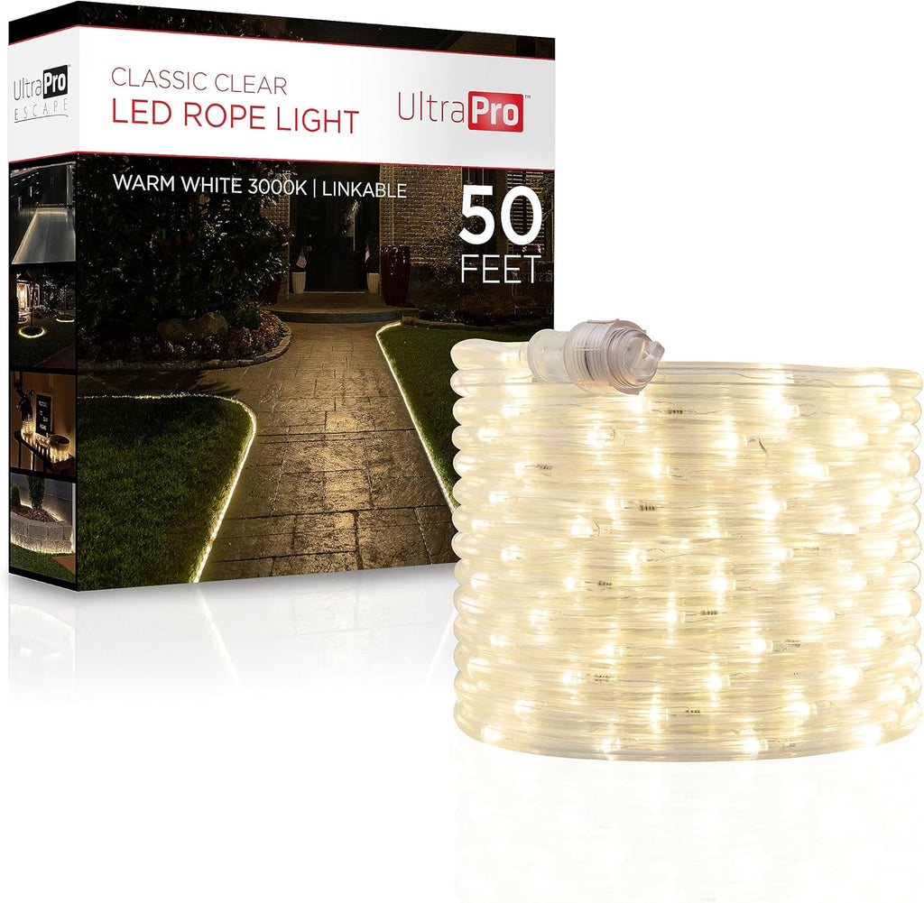 UltraPro LED Rope Lights - 50ft Classic Clear Warm White 3000K | Flexible & Durable Indoor/Outdoor Lighting