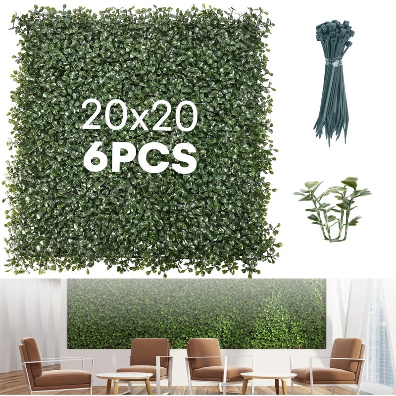 Grass Wall Panels 20″ × 20″ (6 Pack) – UV-Protected Artificial Boxwood Hedge Greenery Backdrop Covers 16.66 sq ft, Indoor/Outdoor Privacy Fence Screen, Zip Ties & Spare Leaves Included