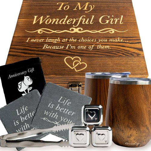 Anniversary for Her – ‘To My Wonderful Girl’ Engraved Wine Tumbler Set | Romantic Present for Wife or Girlfriend | Unique Wedding - Birthday Gift