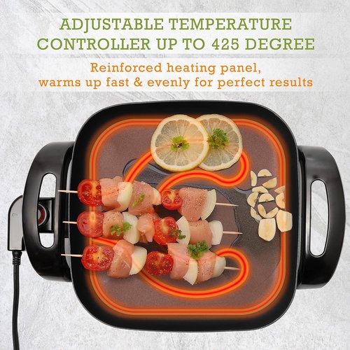 Moss & Stone Electric Skillet - 12x12 Inch Nonstick Frying Pan with Vented Glass Lid & Adjustable Temperature Control