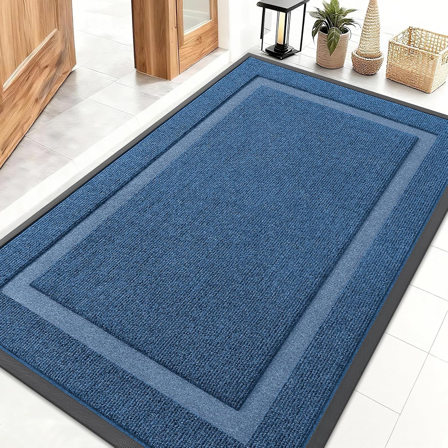 OLANLY Waterproof All-Season Front Door Mat | Sturdy Natural Rubber, Easy Clean, 47x32, Light Blue