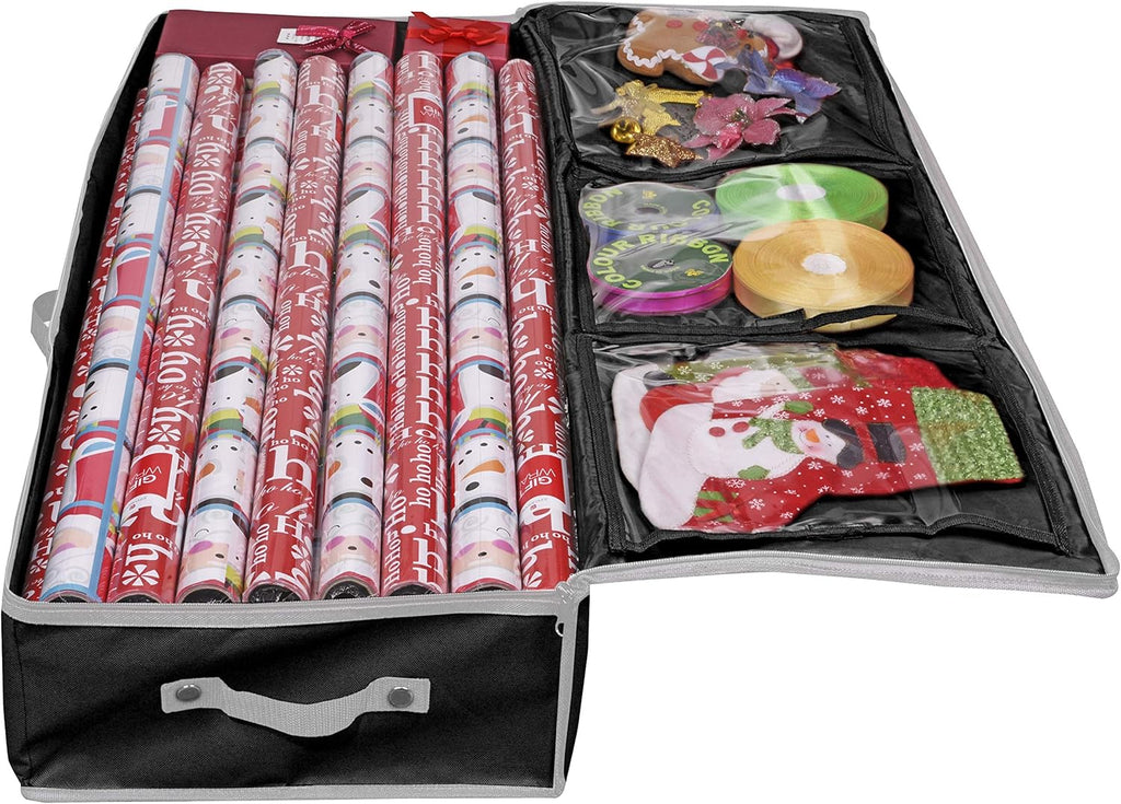 Primode Wrapping Paper Storage Container - Under Bed Gift Wrap Organizer | 41”x14”x6” | Holds 18-24 Rolls Up to 40” | Durable 600D Oxford Material | Pockets for Ribbons and Bows (Black)