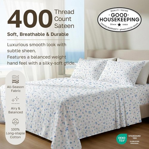 California Design Den Twin Size Cotton Sheet Set - 100% Soft Sateen, 400 Thread Count, Floral White/Blue