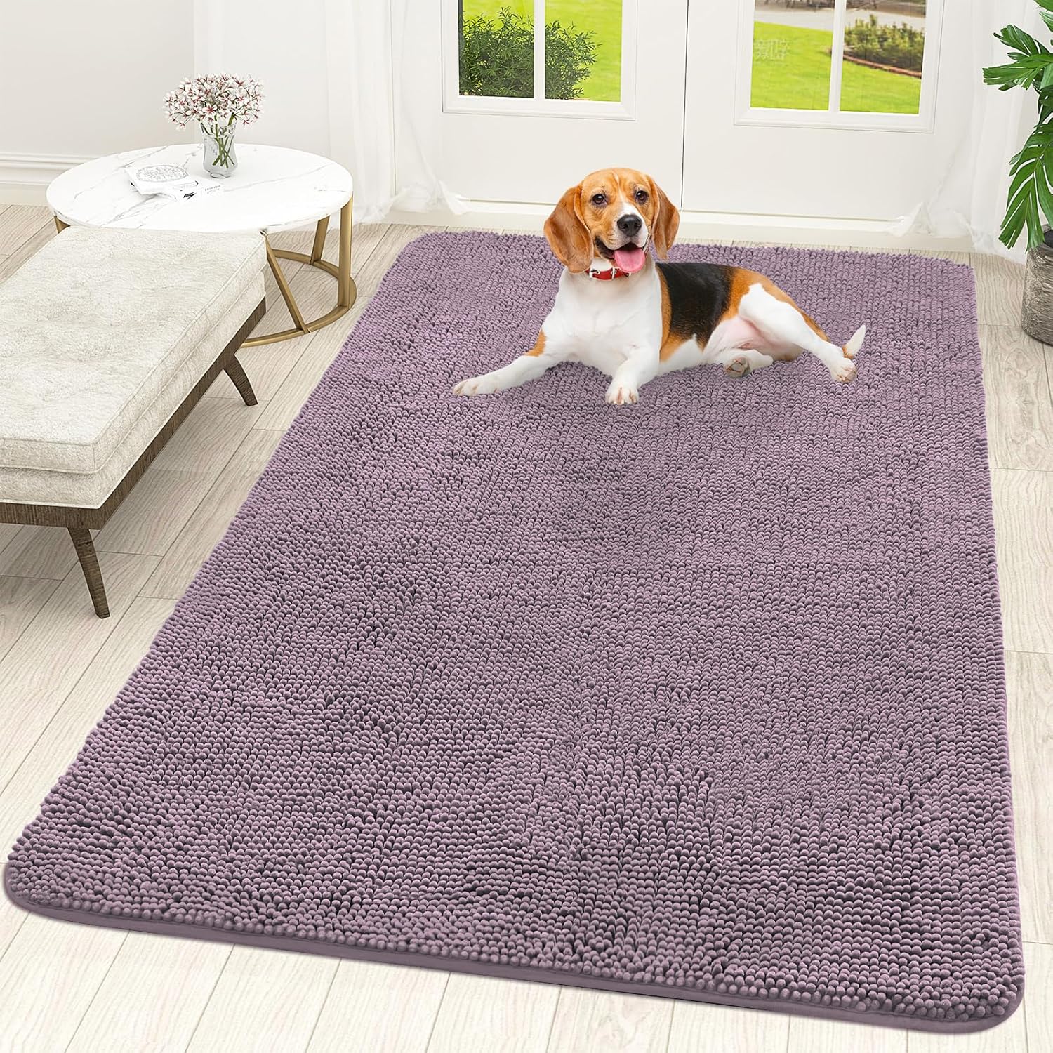 OLANLY Dog Door Mat - Absorbent Non-Slip Mud Mat for Indoor Use | Quick Dry Chenille, 59x35, Deep Plum