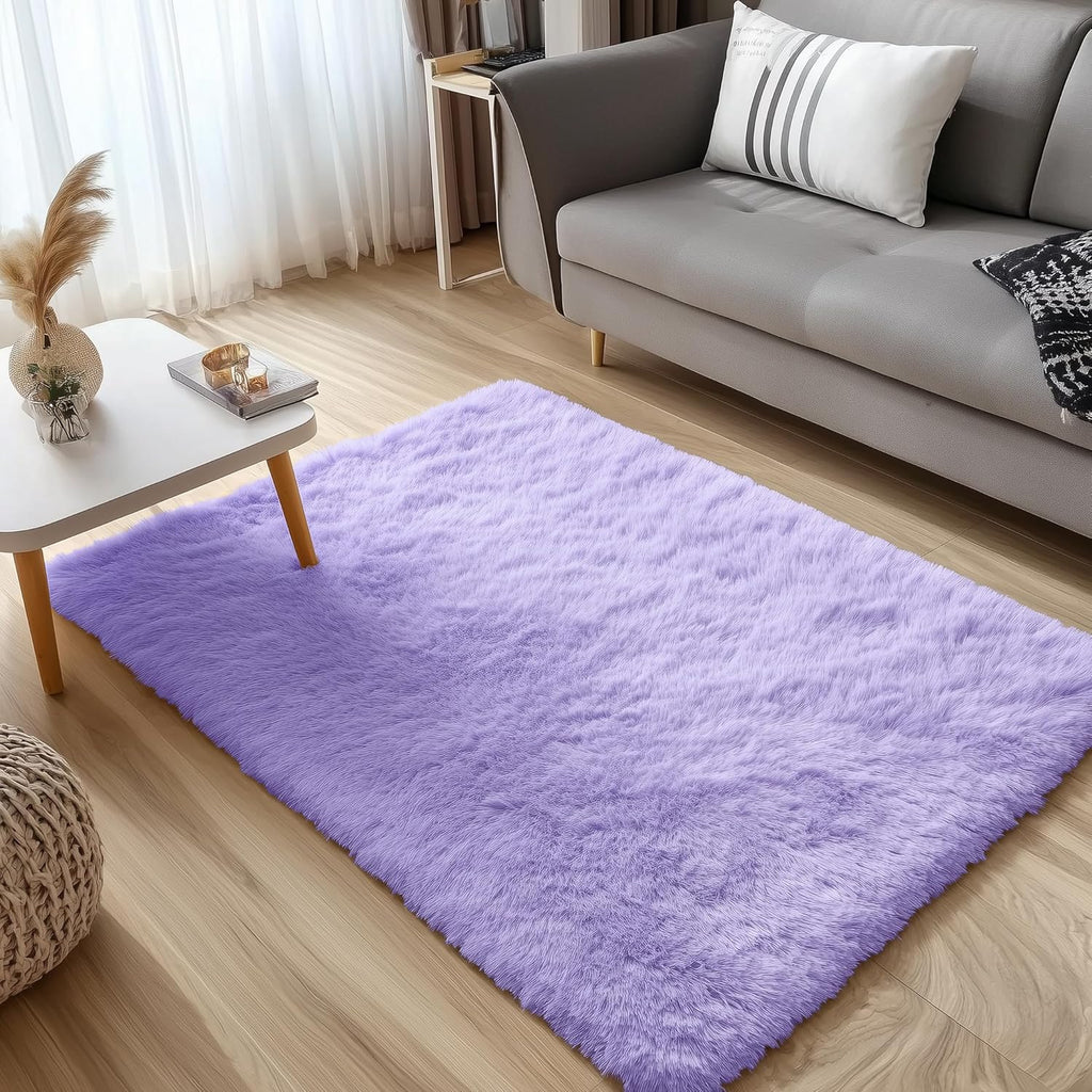 OLANLY Small Bedside Rug - Soft Fluffy Shaggy Carpet for Living Room & Bedroom | Light Purple 3x5