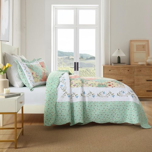 MarCielo 3-Piece Floral Printed Quilt Set Lightweight Bedspread Set Coverlet Set (Romantic Green, Queen)