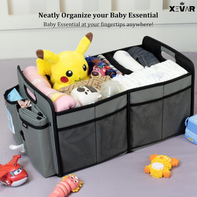 XEVAR Baby Diaper Caddy Organizer with Changing Mat - Portable Car Caddy for Newborn Essentials, Diapers & Wipes, Perfect for Baby Shower and New Mom | Oxford Fabric, Grey
