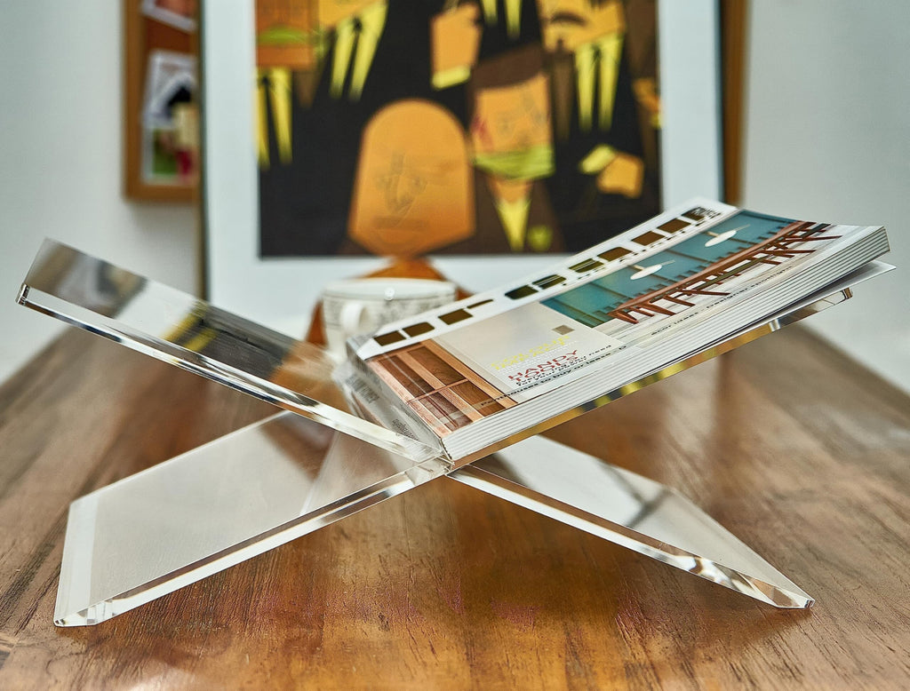 Honygebia Clear Acrylic Book Stands - Cross Frame Acrylic Book Holder, Open Bookstand for Display and Reading, Suitable for Art, Bible, Cookbook, Easel, Magazine, Textbooks 12.5" x 9.5" x 5.5"