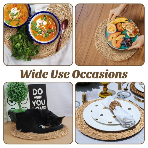 Kochorie Set of 6 Round Woven Placemats - 13.8 Inches Natural Boho Rattan Wicker Table Mats for Home Dining Table