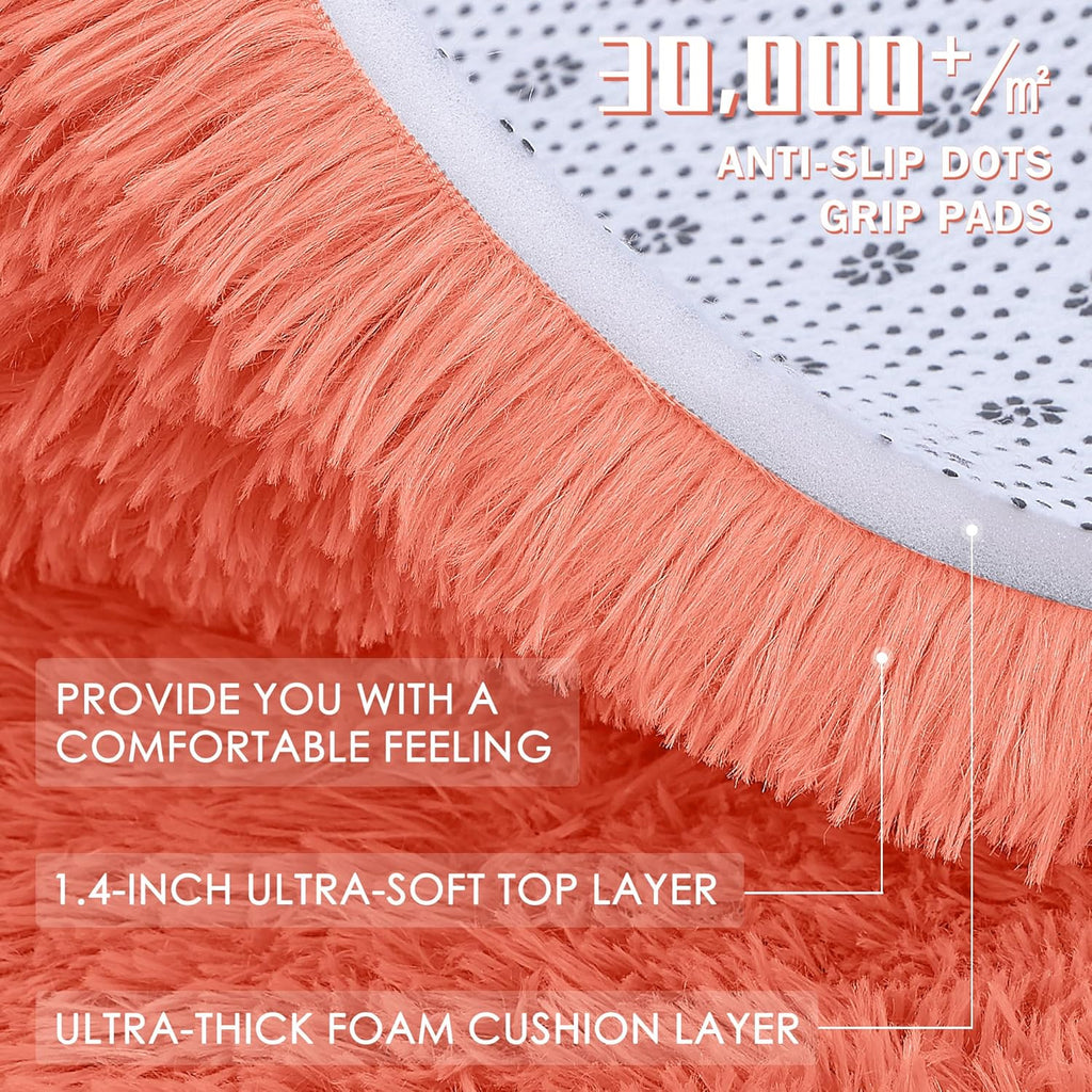 OLANLY Round Coral Red Rug - Soft, Fluffy Machine Washable 4 ft Circle Area Rug for Bedroom & Living Room Decor