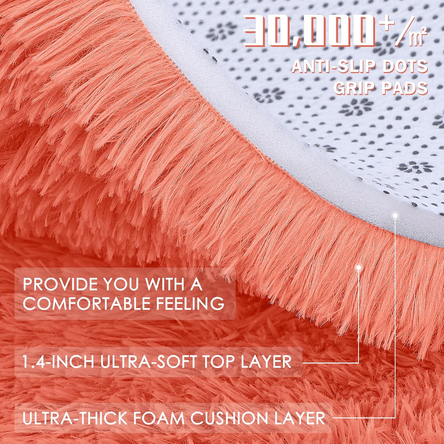 OLANLY Round Coral Red Rug - Soft, Fluffy Machine Washable 4 ft Circle Area Rug for Bedroom & Living Room Decor