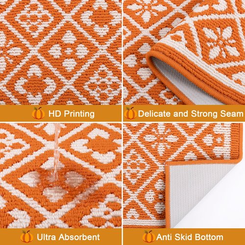 Ileading Fall Kitchen Rugs Set of 3 Piece Fall Kitchen Mats for Floor with Non Slip Backing,Washable Autumn Runner Rug for Sink Laundry Holiday Thanksgiving Decoration(Orange)
