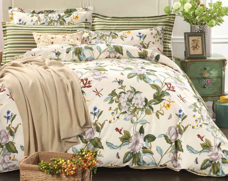 FADFAY Floral Duvet Cover Set 100% Cotton Green and Beige Striped Shabby Flower Bedding Branches Summer Bedding Reversible 600 TC Soft Zipper Comforter Cover & 2 Pillowcases，Queen