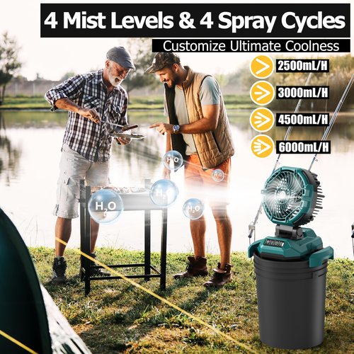 Portable Misting Fan for Outdoors Patios - 30000mAh Rechargeable Battery Powered Camping Fan, 4 Spray Mister with Timer, Fits 10-13" Bucket, 4 Speed, 90° Auto Oscillation for Garden Sports Travel Golf