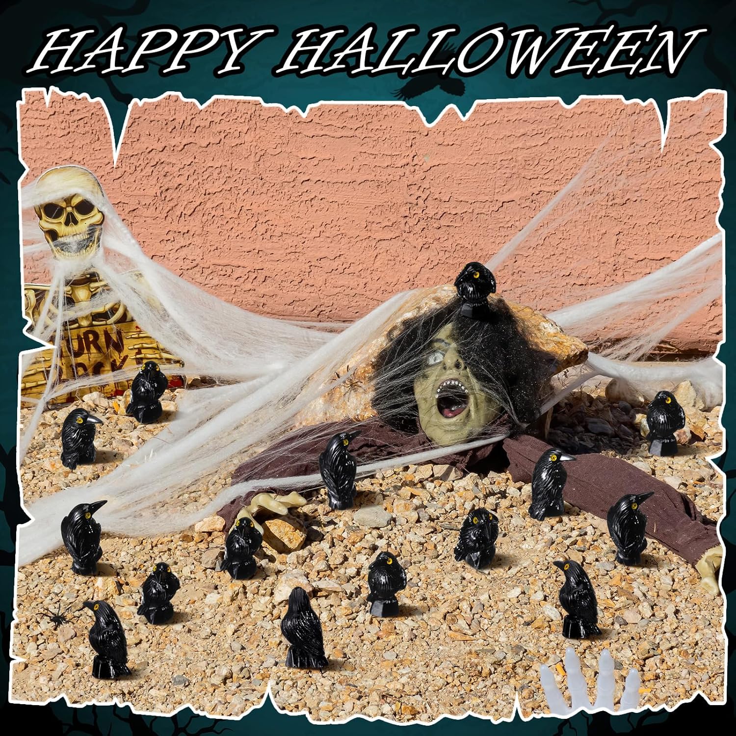 Skiennix Miniature Crows Decor - 100 Pcs Black Resin Raven Figurines for Holiday & Party Decor