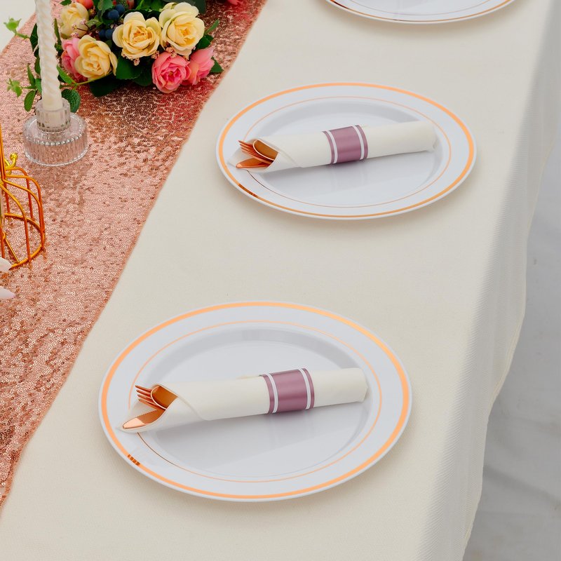 ISFANGCO 100 Pack Pre Rolled Rose Gold Plastic Silverware Set with Napkins,Disposable Wrapped Heavy Duty Cutlery Set for Wedding Birthday Party-100 Forks,Knives,Spoons,Utensils Set,Plasticware Bulk