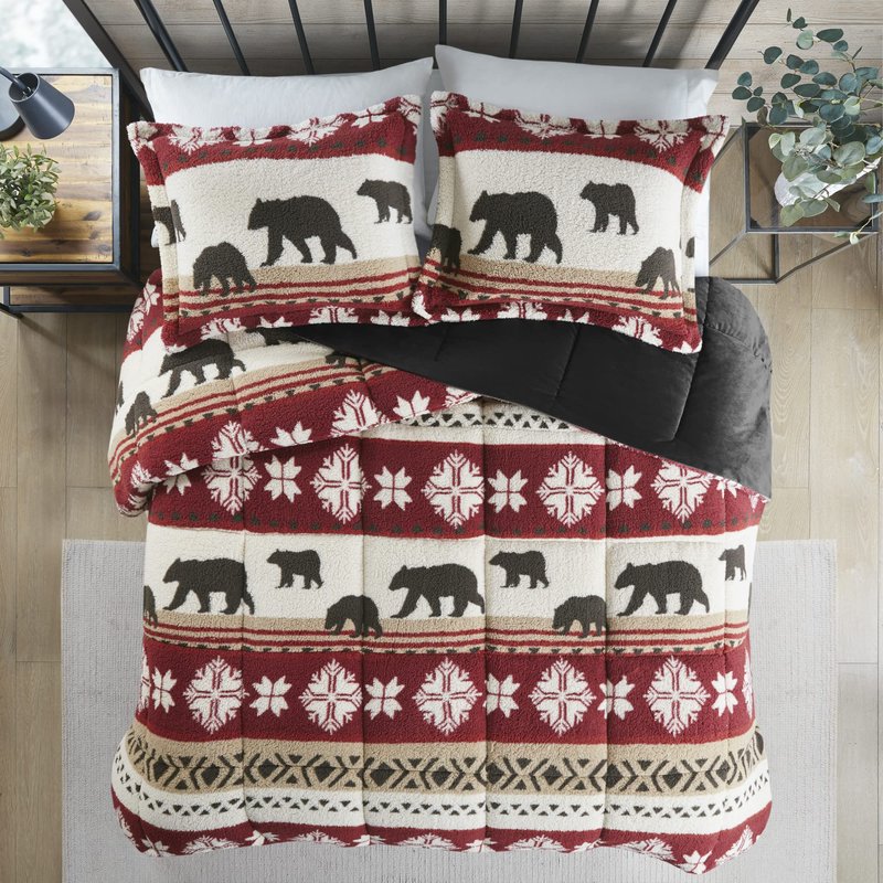 Woolrich Tunbridge Sherpa Comforter Set with Soft Faux Mink Reverse - Southwestern Rustic Cabin Print, Cozy Warm Bedding for Cold Season, Matching Shams, King/Cal King, Red/Black 3 Piece