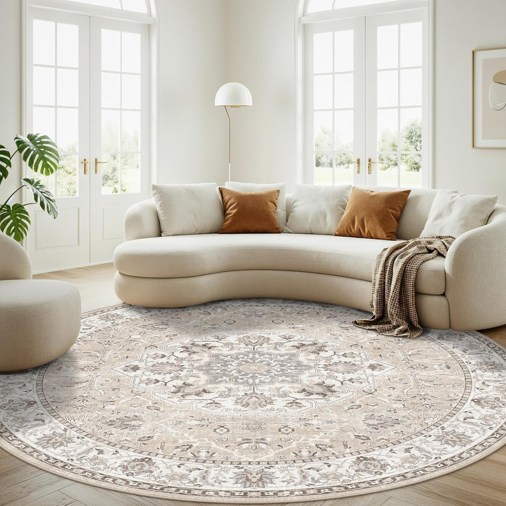 Washable 8ft Round Area Rug - Soft, Non-Slip Oriental Carpet for Living Room & Bedroom | Stain Resistant Beige