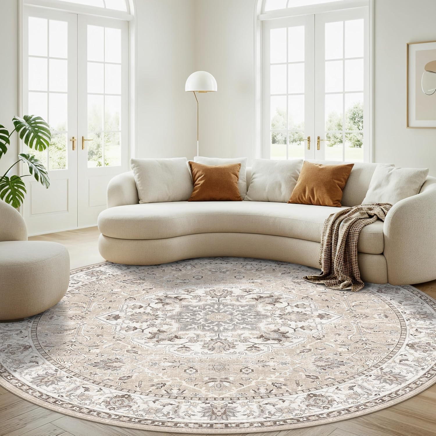 Washable 8ft Round Area Rug - Soft, Non-Slip Oriental Carpet for Living Room & Bedroom | Stain Resistant Beige