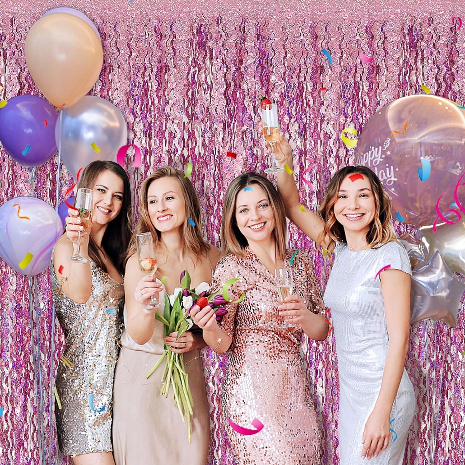 Skiennix Tinsel Foil Fringe Curtains - Sparkling Wavy Backdrop for Parties | Perfect for Birthdays, Graduations, Weddings