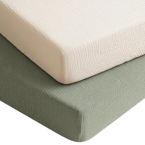 Konssy Muslin Crib Sheets - Soft Cotton Baby Sheets for Standard Crib Mattress | 2 Pack, Fog Green & Cream
