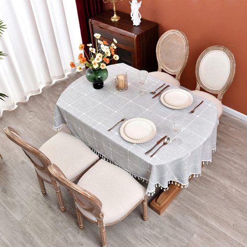 Monibana Plaid Farmhouse Gray Oval Tablecloth Cotton Linen Heavy Weight Checkered Table Covers Cloths for Dining Room Kitchen Tabletop Decoration, 54x72 Inch
