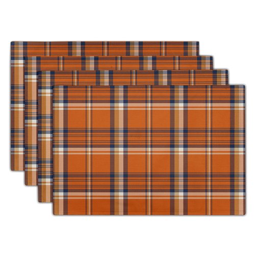 Fall Plaid Placemats Set of 4 Orange Navy Blue Buffalo Plaid Thanksgiving Themed Table Mats Farmhouse Place Mats Washable Linen Placemat for Party Kitchen Dining Decor 12x18 Inch