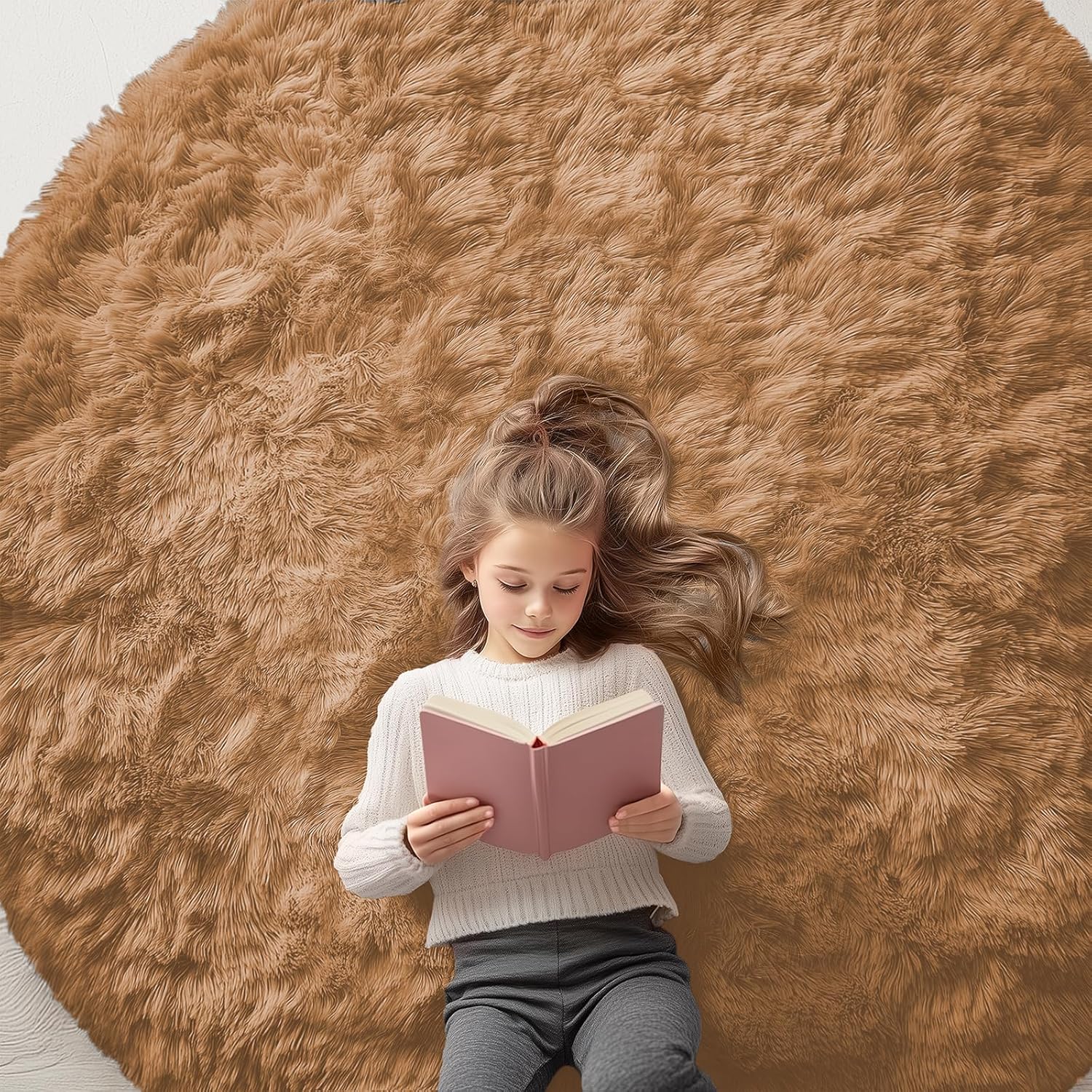 OLANLY Round Khaki Area Rug - Soft, Fluffy, Machine Washable 6 ft Circle Carpet for Bedroom & Living Room