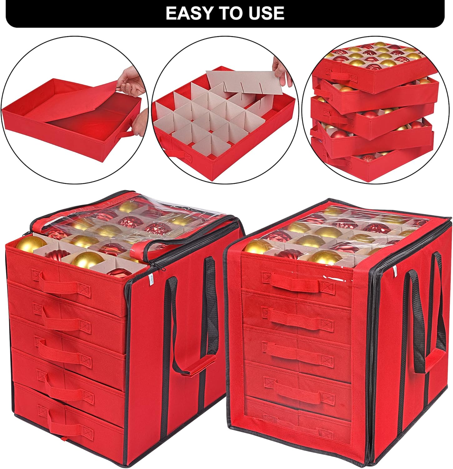 ProPik Christmas Ornament Storage Boxes - Durable Organizer with 5 Dividers for 100 Ornaments | Red Carrying Bag