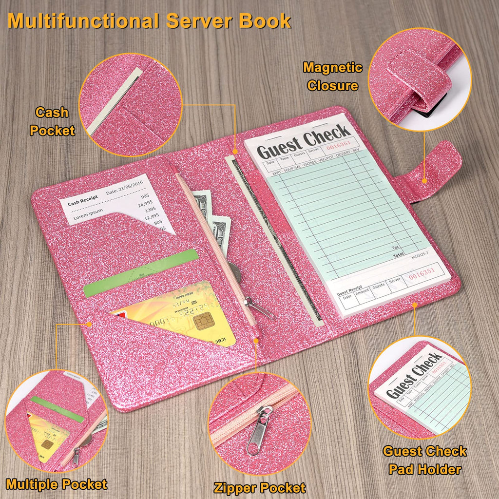 JKhandy Server Book for Waitress - Leather Waiter Book Server Wallet with Zipper Pocket, Cute Serving Book&Server Note Pads Holder with Magnetic Closure, Glitter Pink