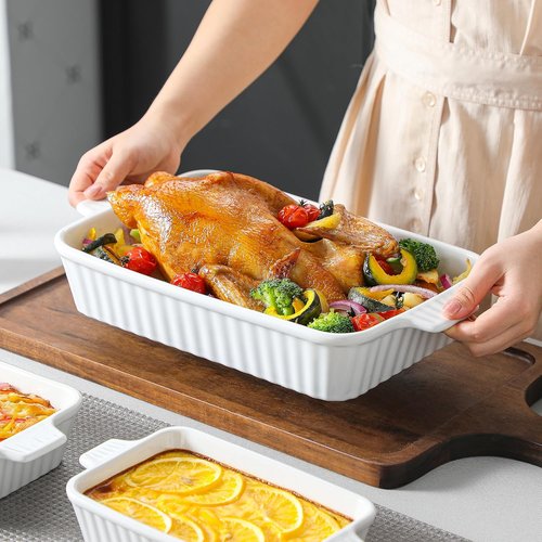 MALACASA Casserole Dishes - Porcelain Bakeware Set of 4 in White and Orange for Oven Cooking