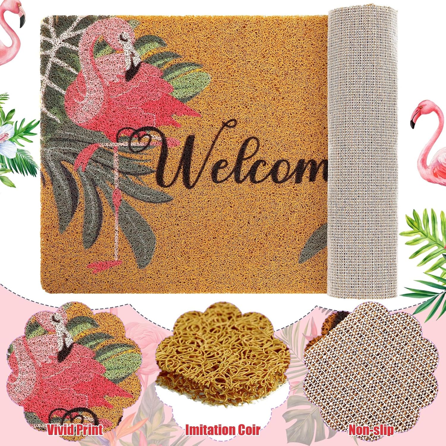 Tinideya Flamingo Welcome Door Mat - Tropical Palm Leaves Design | Washable Non-Slip Rug 17x29 Inch