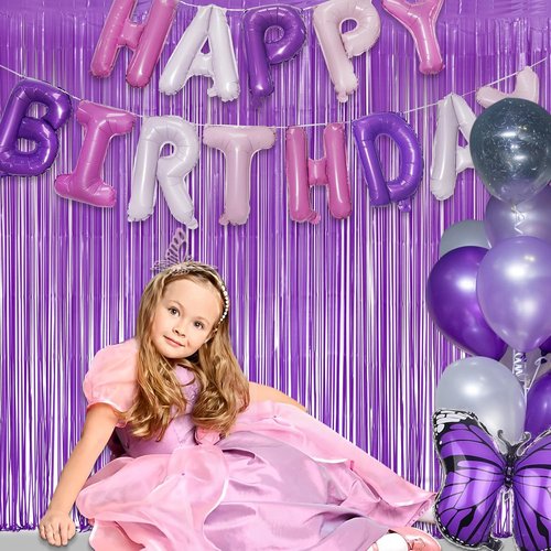 GREATRIL Purple Tinsel Fringe Party Backdrop - Perfect for Lavender Fairy Birthday Decor | 3.2ft x 8.2ft - 2 Packs