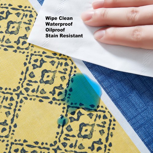 Home Bargains Plus Spring French Country Lemon Grove Vinyl Tablecloth with Flannel Backing, 52 x 70 Inch Rectangle, Blue and Yellow Citrus Lemon Print, Easy Care Wipe Clean Indoor Outdoor Table Cover