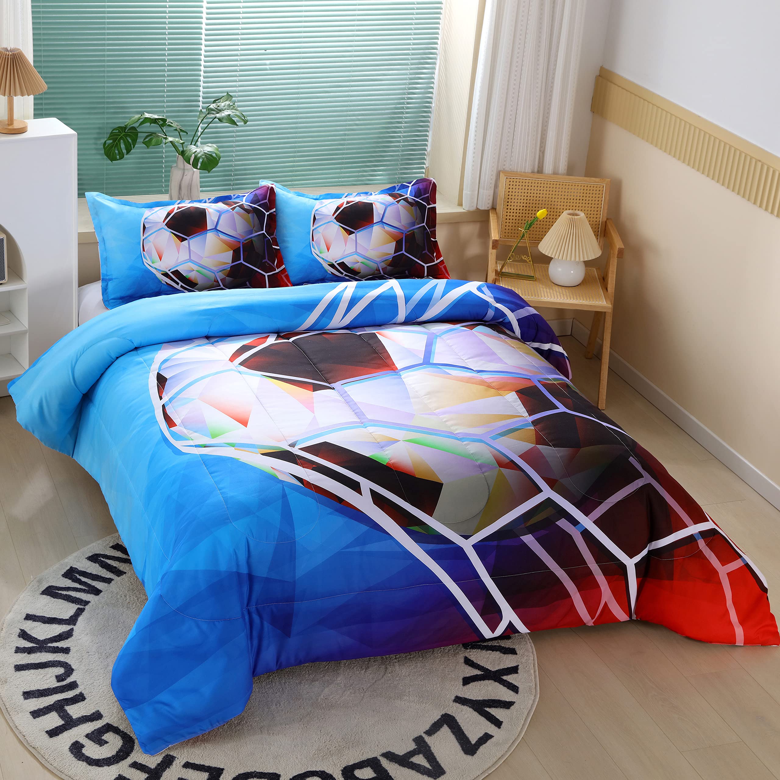 Suncloris 3D Football Comforter Set for Boys, Queen Size Sports Bedding Comforter Soccer Themed Bedding Comforter with 2 Football Patterned Pillowcases - 90"x90" (Queen, 01)
