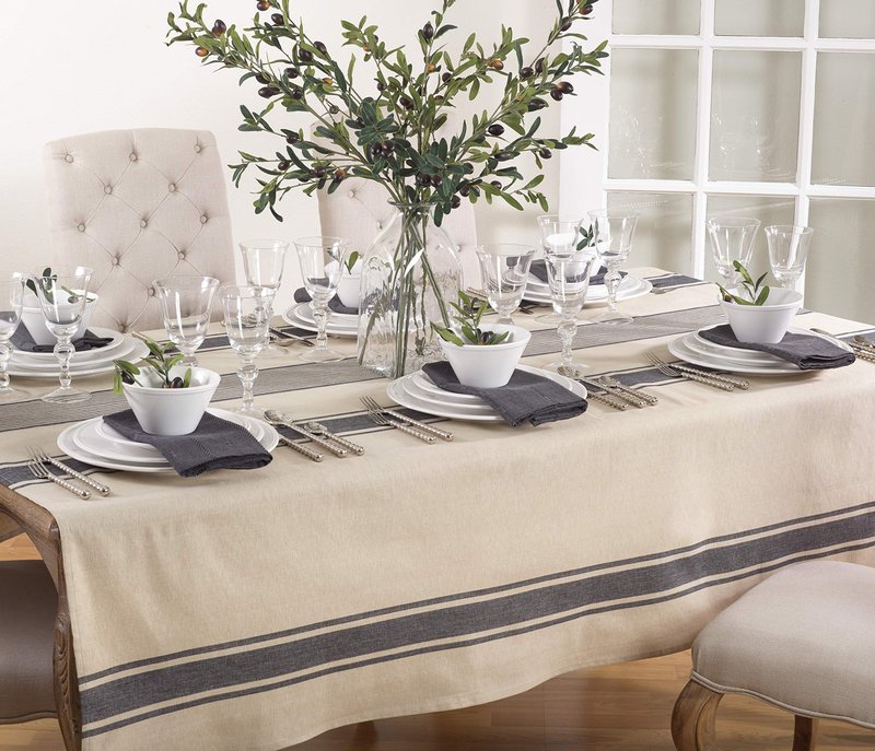 SARO LIFESTYLE Aulaire Collection Banded Cotton Tablecloth, 72"x72", Natural