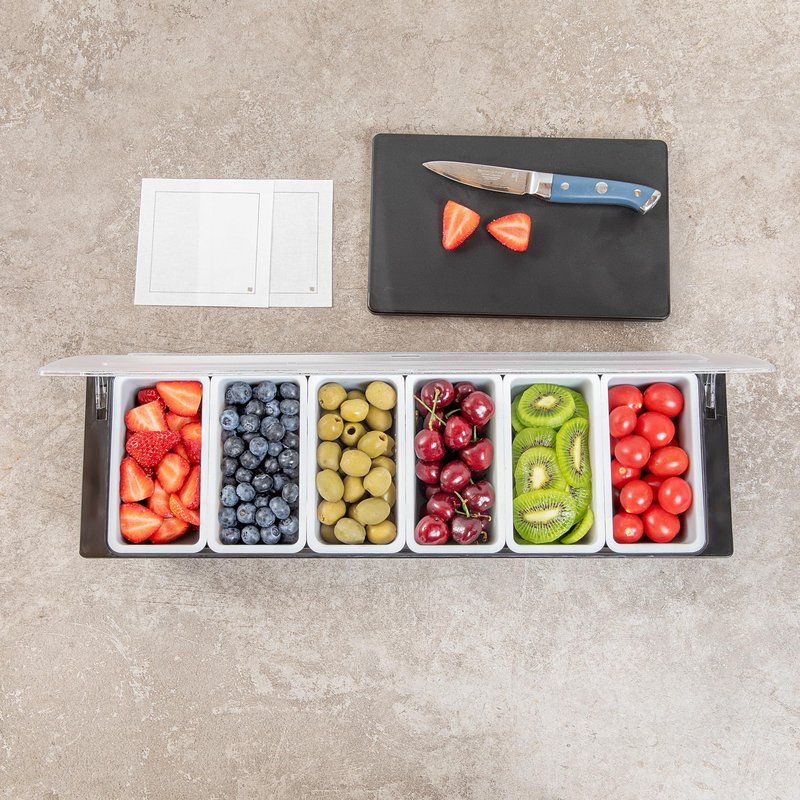 Restaurantware Bar Lux 19.6 x 6.3 x 3.7 Inch Condiment Caddy 1 Durable Bar Caddy - 6 Removable Compartments Built-In Lid Black Plastic Condiment Holder For Restaurant Store Cocktail Garnish