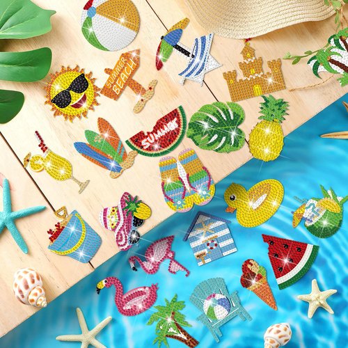 Tellegloww 24 Pcs Refrigerator Diamond Painting Magnets Sea Beach Diamond Art Magnets Kits Tropical Hawaiian Fridge Stickers for Adults DIY Home Decor(Ball)