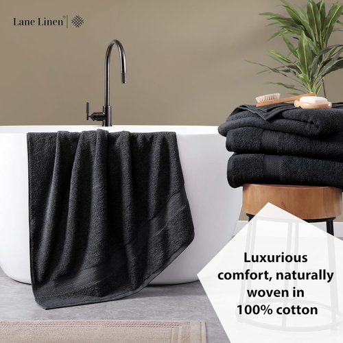 LANE LINEN Bath Towels - 100% Ring Spun Cotton, Quick-Drying, Soft & Absorbent - 4 Pack, Black (28"x54")